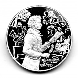 Moneda 3 Rublos Rusia Año 1999 Alexander Pushkin Derecha Plata Proof PP